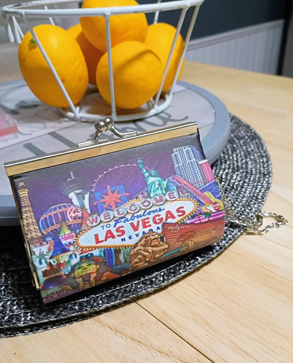 Las Vegas Graphic Coin Purse with Silver Chain - Colorful